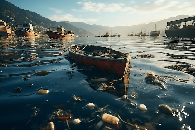 Müllberge auf dem Wasser, Plastikmüll im Meer, Kunststoffmüll auf dem See, 3D-Rendering