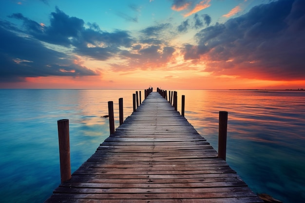 Un muelle con un atardecer de fondo