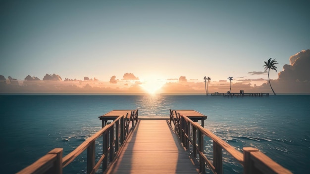 Un muelle con un atardecer de fondo