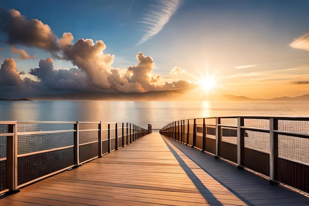 Un muelle con un atardecer de fondo