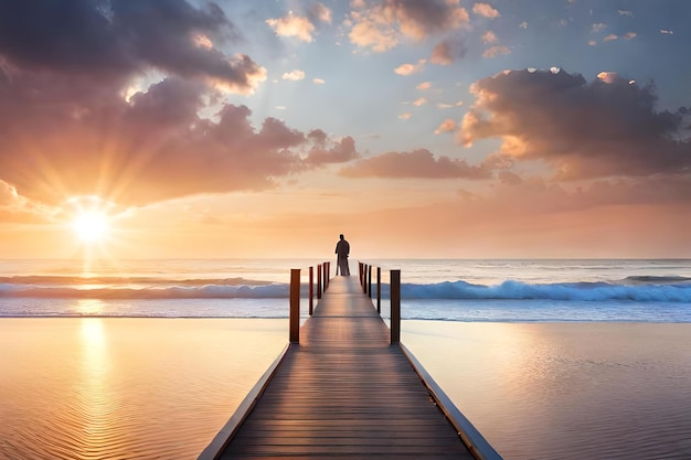 Un muelle con un atardecer de fondo