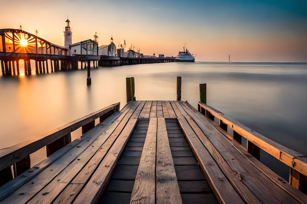 un muelle con un barco al fondo