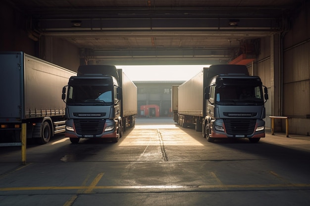 Muelle de carga con dos camiones estacionados afuera al estilo moderno con IA generativa