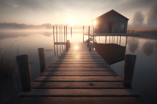 Un muelle con una casa en la niebla IA generativa