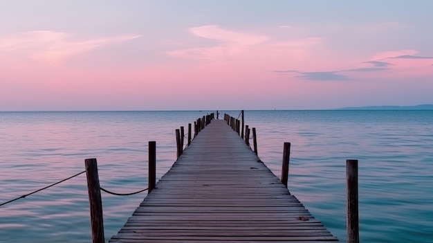 Un muelle con un cielo rosa al atardecer.