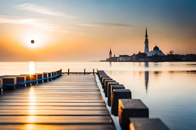 Foto un muelle con una ciudad en el fondo y una ciudad en la parte posterior