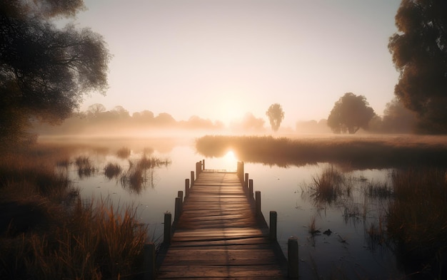 Un muelle en un día de niebla con la puesta de sol detrás de él.