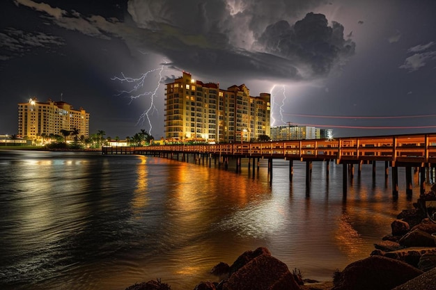 Foto un muelle con un edificio en el fondo bajo un cielo nublado