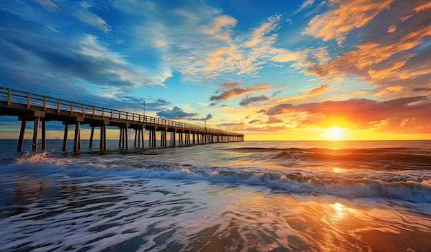 un muelle está en el agua con el sol poniéndose en el fondo