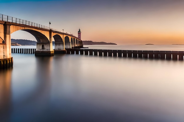 Foto un muelle con un faro en el fondo.