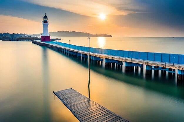 Foto un muelle con un faro en él y un muelle en el fondo