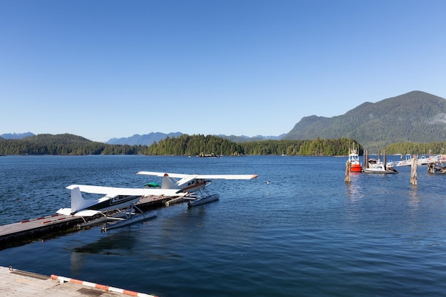 Muelle y hidroaviones en el puerto en una tarde soleada en la isla de vancouver