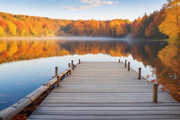 un muelle con un lago y un árbol de colores en el fondo