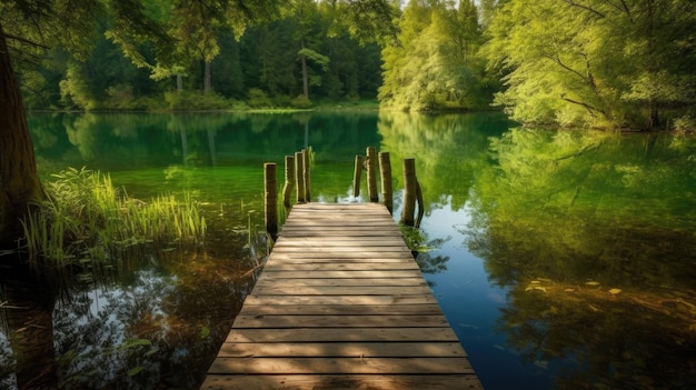 Un muelle en un lago con árboles al fondo