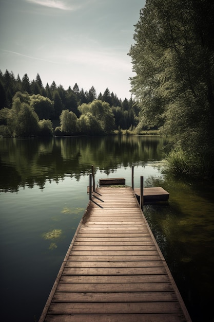 Un muelle en un lago con árboles al fondo