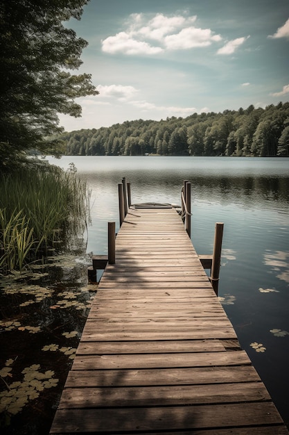 Un muelle en un lago con un cielo azul y árboles al fondo.