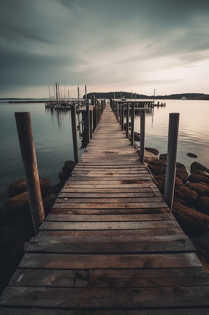 Un muelle en un lago con un cielo nublado