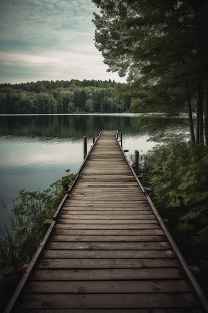 Un muelle en un lago con un cielo nublado