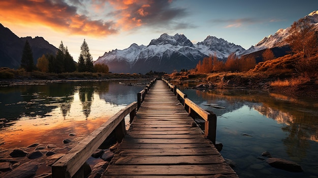 Foto muelle del lago con montañas al fondo