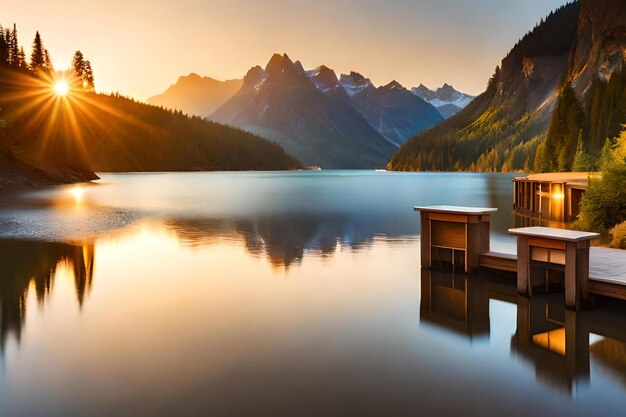 Un muelle en un lago con montañas al fondo