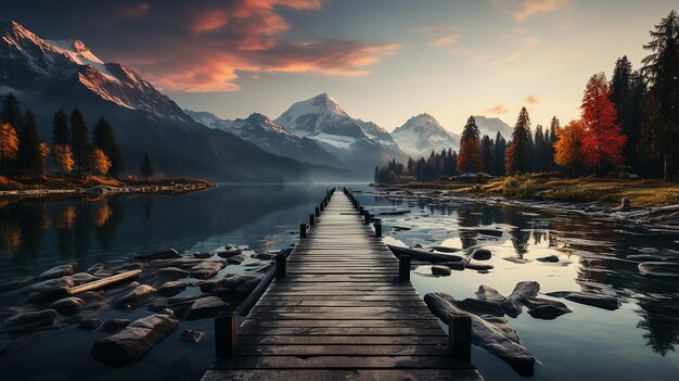 El muelle del lago con montañas en el fondo