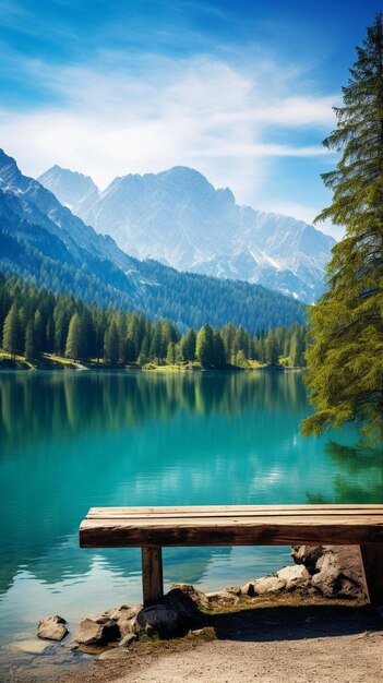 un muelle con un lago y montañas en el fondo.