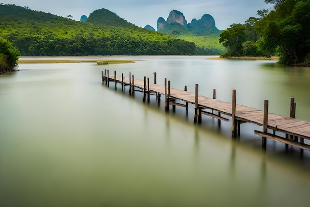 Un muelle en un lago con montañas en el fondo