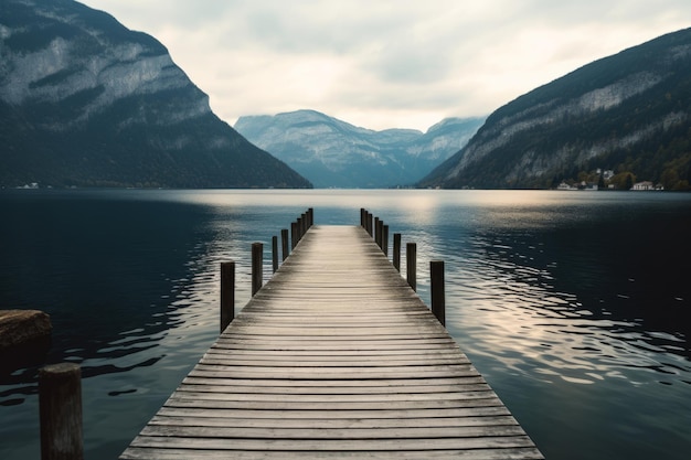 Muelle en el lago Muelle de madera en un lago tranquilo con montañas en el fondo El lago tiene un color azul oscuro y las montañas están cubiertas de vegetación y nieve