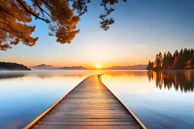 Un muelle en un lago con una puesta de sol de fondo