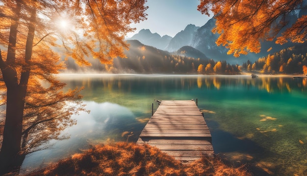 Foto un muelle en un lago con el sol brillando a través de los árboles