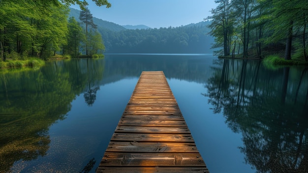 El muelle del lago Tranquil al amanecer