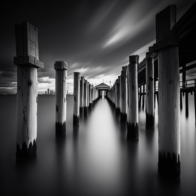 Un muelle largo con una imagen borrosa de un muelle