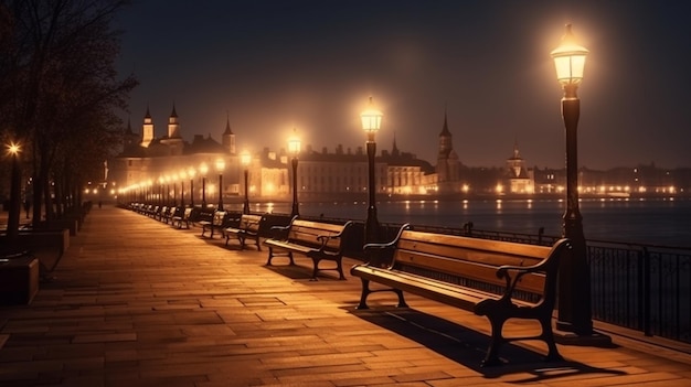 Un muelle con luces en el agua y un banco con un letrero que dice 'te amo'