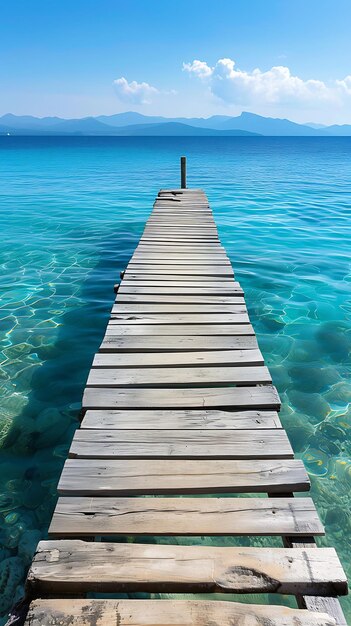 un muelle de madera en el agua con el cielo en el fondo