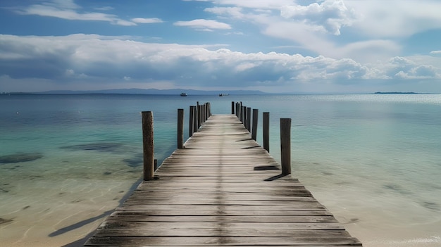 Un muelle de madera con un cielo azul y nubes al fondo.