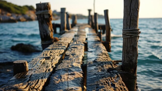 Un muelle de madera con cuerdas unidas a él en el océano ai