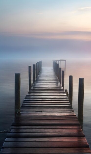 El muelle de madera entra en el lago en una foto de mañana con niebla