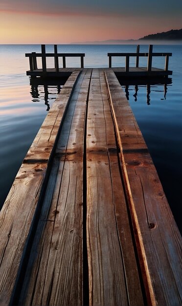 El muelle de madera entra en el lago en una foto de mañana con niebla