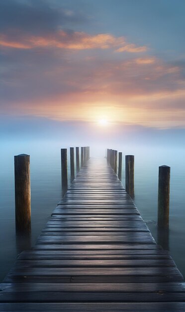 El muelle de madera entra en el lago en una foto de mañana con niebla