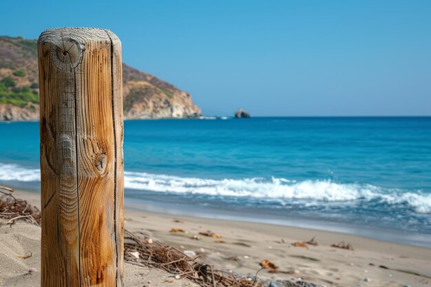 Un muelle de madera con un esquema de colores azul y blanco el muelle se encuentra en el océano y está rodeado