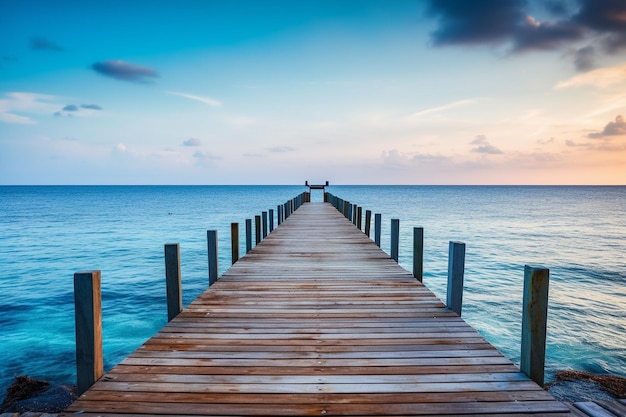 El muelle de madera se extiende hacia el mar tranquilo