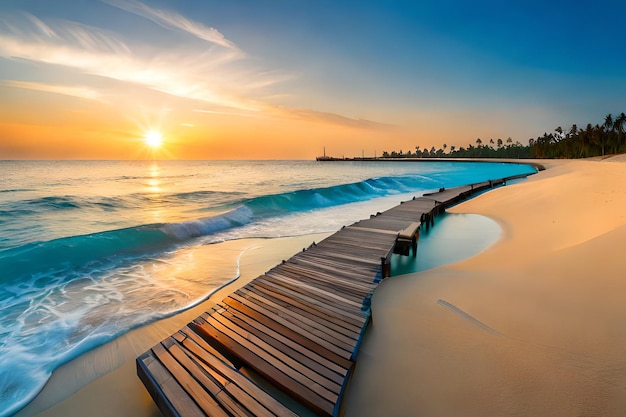 Un muelle de madera se extiende hacia el océano al atardecer.