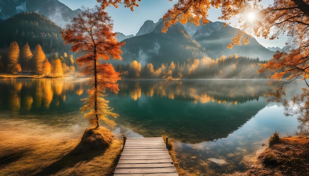 un muelle de madera frente a un lago con un árbol en el fondo