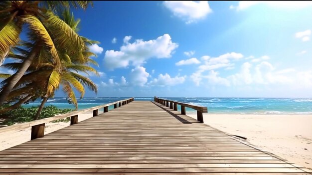 Muelle de madera a una isla en el océano contra el cielo azul con vistas panorámicas de nubes blancas