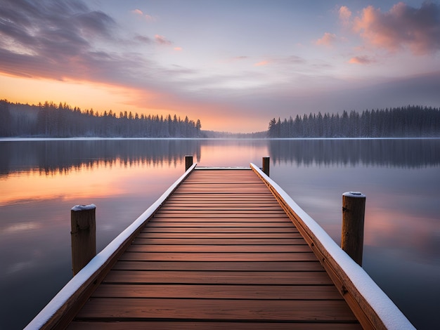 Muelle de madera en el lago al atardecer de invierno