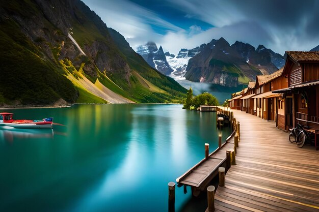 Un muelle de madera en un lago de montaña