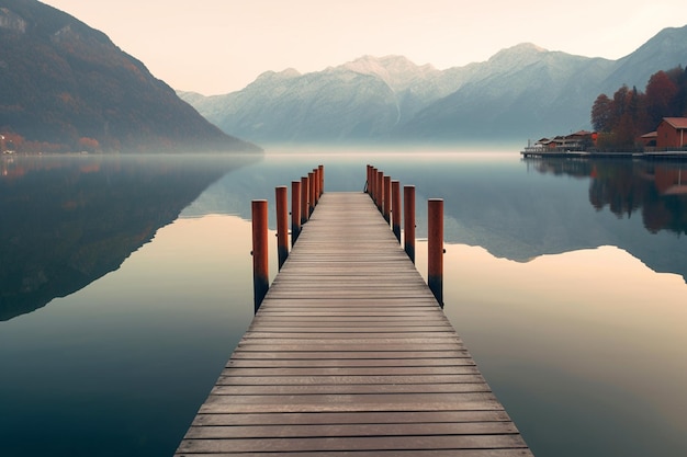 Muelle de madera en el lago con montañas en el fondo por la mañana