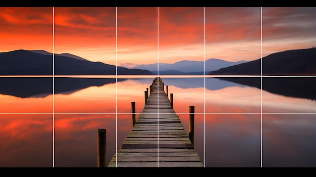 Muelle de madera en un lago con reflejo de montañas y nubes IA generativa