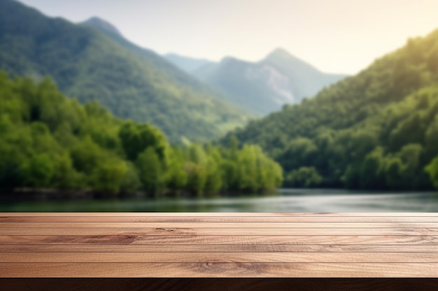 un muelle de madera con una montaña al fondo.