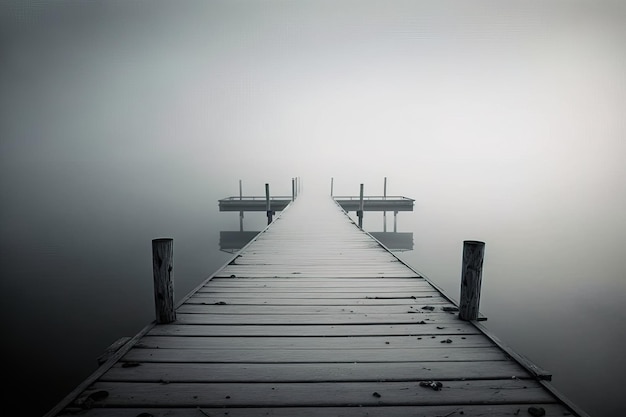 Un muelle de madera con niebla